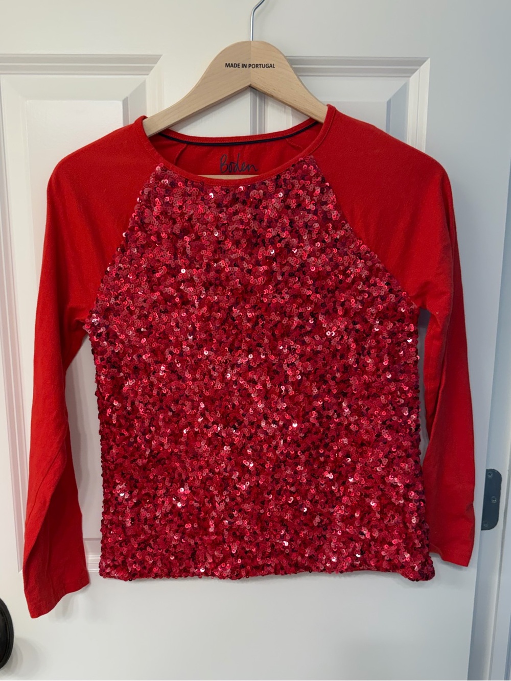 Mini Boden Red Sequin Raglan Long-Sleeve Top